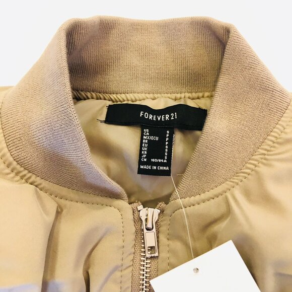 Forever 21 Ruched Bomber Jacket Zip Up Size S Light Olive 2 Pockets Short Length - Picture 3 of 14